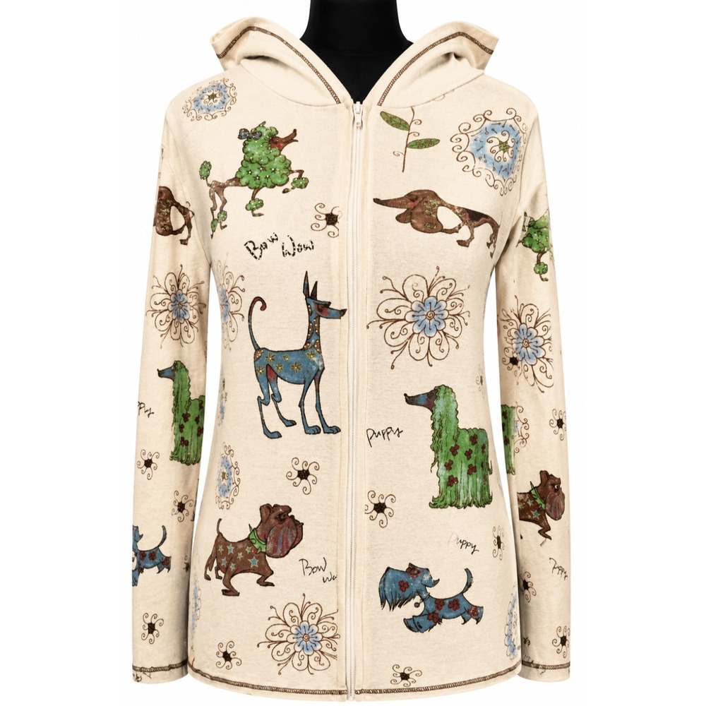 Cactus Womens Hoodie Small Beige Multi Color Puppy Dog Print Long Sleeve Zipper